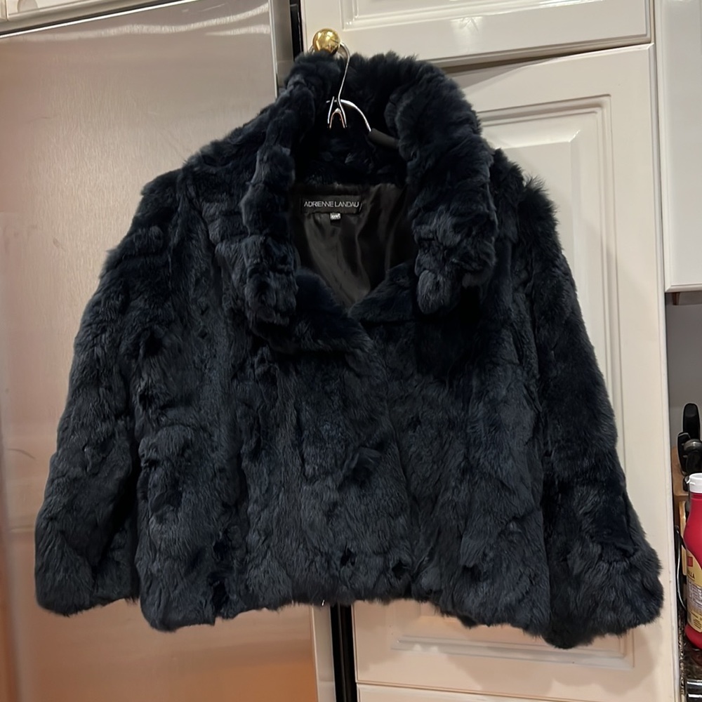 Navy rabbit fur jacket. Size M/L by Adrienne Landau. NWT.